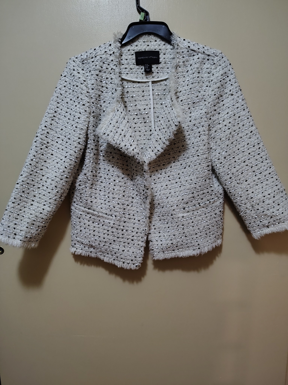Adrienne Vittadini Cream Tweed Fringe Open-Front Jacket